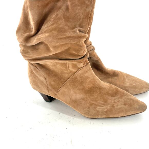Splendid Slouchy Suede Boots 7.5 Tan Heel Glam Western Mid Calf Prep Academia - Picture 2 of 7